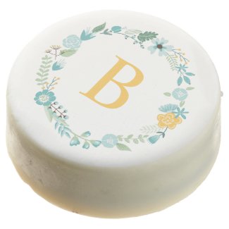 Aqua and Yellow Floral Wreath Monogram Chocolate Dipped Oreo