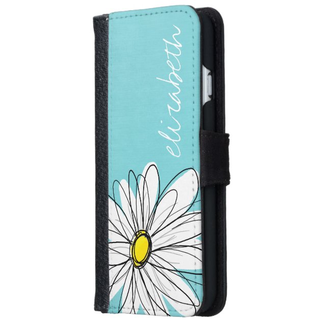 Aqua and Yellow Whimsical Daisy Custom Text iPhone 6 Wallet Case