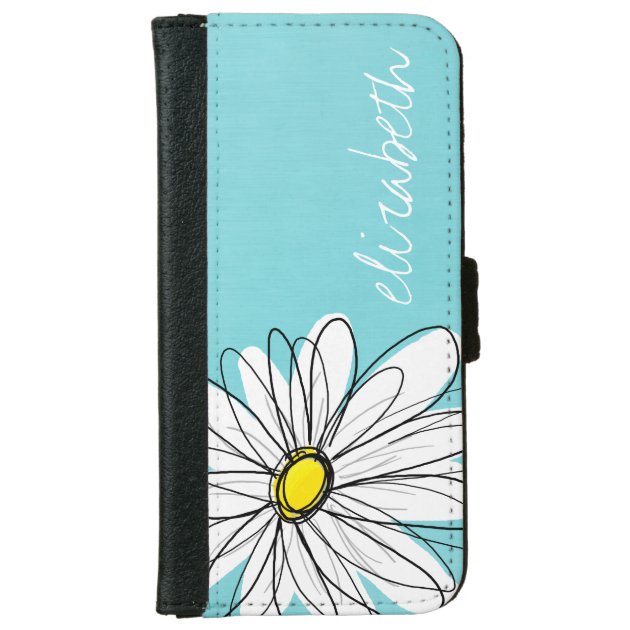 Aqua and Yellow Whimsical Daisy Custom Text iPhone 6 Wallet Case