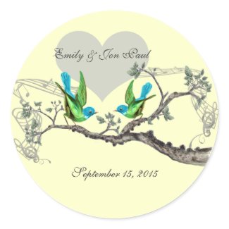 Aqua & Apple Green Vintage Birds Wedding Stickers sticker