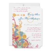Aqua Beeswax Raspberry Wild Flower Bird Wedding Invitations