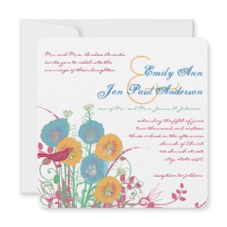 Aqua Beeswax Raspberry Wild Flower Bird Wedding invitation