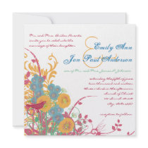 Aqua Beeswax Raspberry Wild Flower Bird Wedding Personalized Invitation