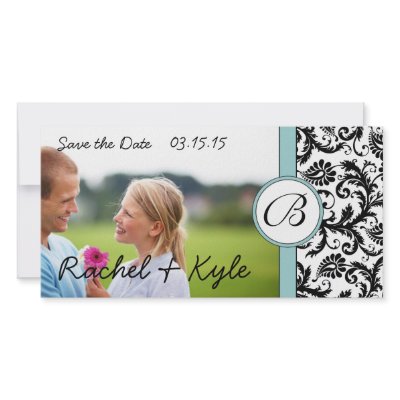 Aqua & Black Damask Save the Date Your Photo Photo Card Template by samack