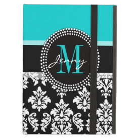 Aqua, Black Damask Your Initial, Your Name iPad Cover