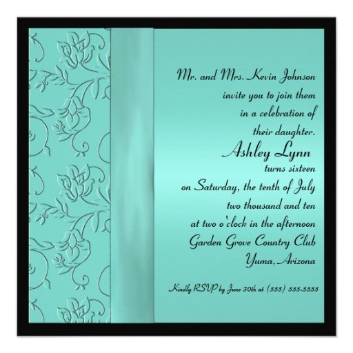 Aqua, Black PRINTED RIBBON Sweet Sixteen Invite