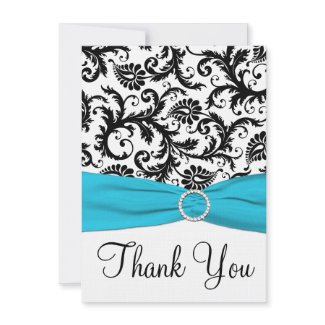 Aqua, Black, White Damask Thank You Card invitation