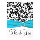 Aqua, Black, White Damask Thank You Card Announcement