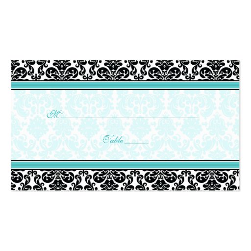 Aqua, Black, White Damask Wedding Place Cards Business Card Template (front side)