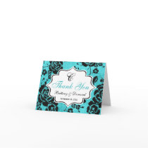 Aqua Black White Floral Damask Thank You Card