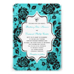 Aqua Black White Floral Damask Wedding Invitation