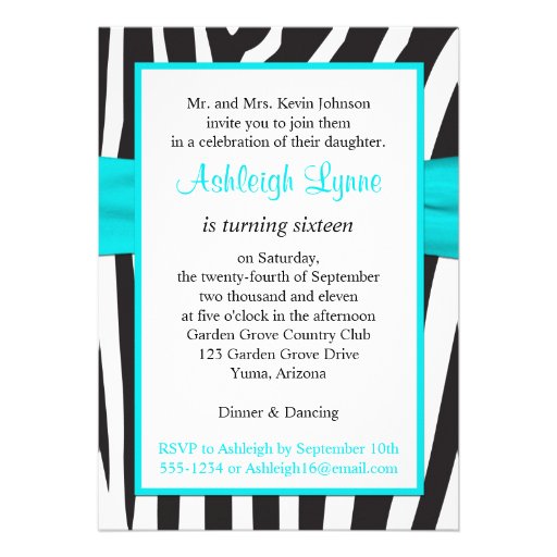 Aqua, Black, White Zebra 16th Birthday Invitation
