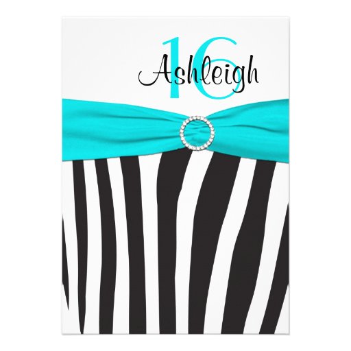 Aqua, Black, White Zebra 16th Birthday Invitation