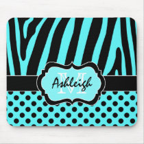 Aqua, Black, White Zebra Stripe & Dots Mousepad