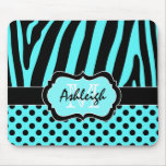 Aqua, Black, White Zebra Stripe &amp; Dots Mousepad