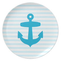 Aqua Blue Anchor and baby blue Sailor Stripes Plate