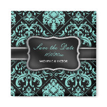 Aqua Blue and Black Damask Save the Date Refrigerator Magnets