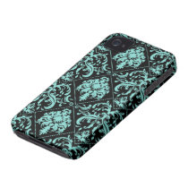 Aqua Blue and Black Damasked Pattern Iphone 4 Covers
