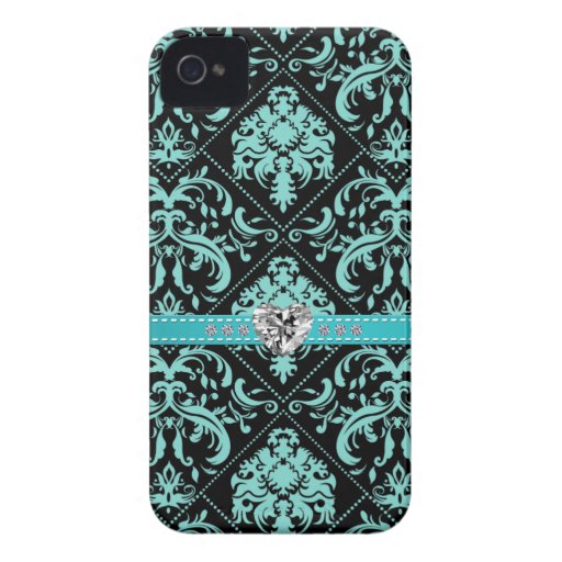 Aqua Blue and Black Damasked Pattern w/ Diamonds iPhone 4 Case