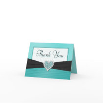 Aqua Blue and Black Glitter Heart Thank You Greeting Cards