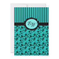 Aqua Blue and Black Monogram Damask Invitation invitation