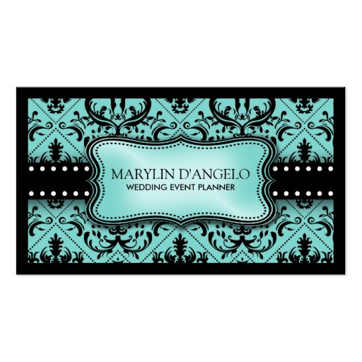Aqua Blue and Black Vintage Damask Wedding Planner Business Card Template (front side)
