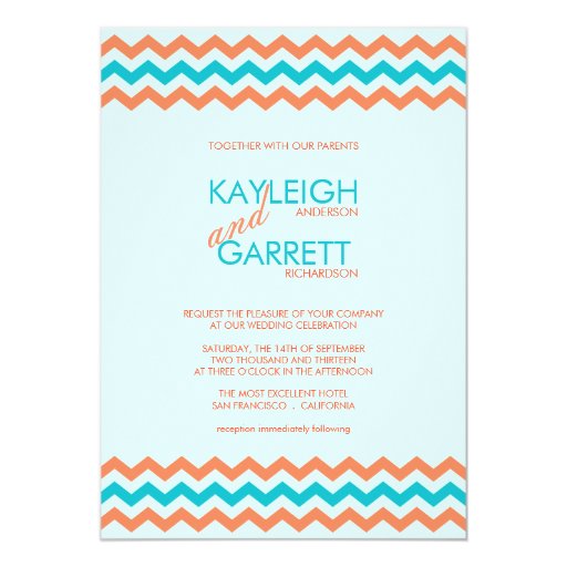 Aqua Blue and Coral Chevron Wedding Invitations Zazzle