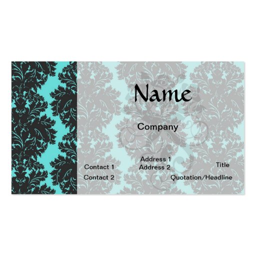 aqua blue and dark gray damask pattern business card (front side)
