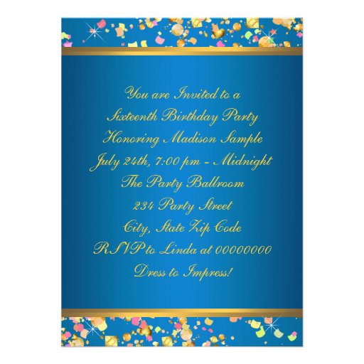 Aqua Blue and Gold Sweet Sixteen Party Invitations