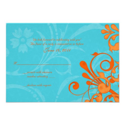 Aqua Blue and Orange Abstract Floral Response Card Personalized Invites