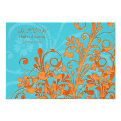Aqua Blue and Orange Abstract Floral Response Card Personalized Invites