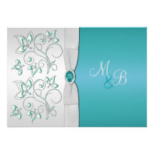 Aqua Blue and Silver Monogrammed Invitation