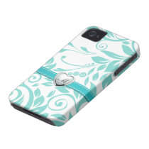 Aqua Blue and White Damask Pattern with Monogram Case-mate Iphone 4 Cases