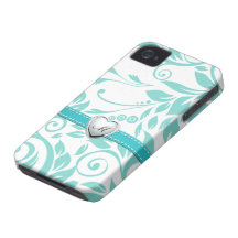 Aqua Blue and White Damask Pattern with Monogram Case-Mate iPhone 4 Cases
