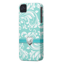 Aqua Blue and White Damask Pattern with Monogram Iphone 4 Case-mate Case