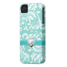 Aqua Blue and White Damask Pattern with Monogram iPhone 4 Case-Mate Case