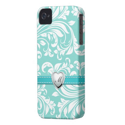 Aqua Blue and White Damask Pattern with Monogram iPhone 4 Case-Mate Case