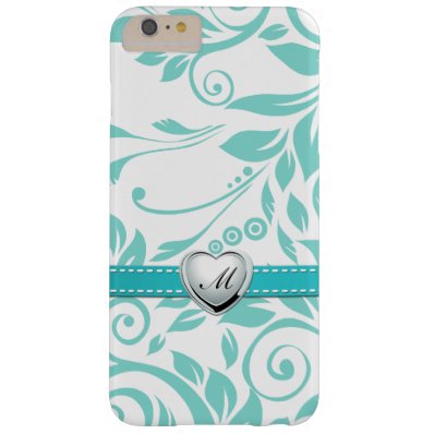 Aqua Blue and White Damask Pattern with Monogram Barely There iPhone 6 Plus Case