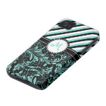 Aqua Blue and White Damask with stripes & monogram iPhone 4 Covers
