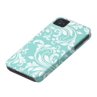 Aqua Blue and White Damasked Pattern Iphone 4 Covers