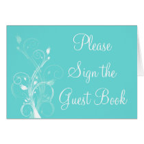 Aqua Blue and White Floral Guest Book Table Card