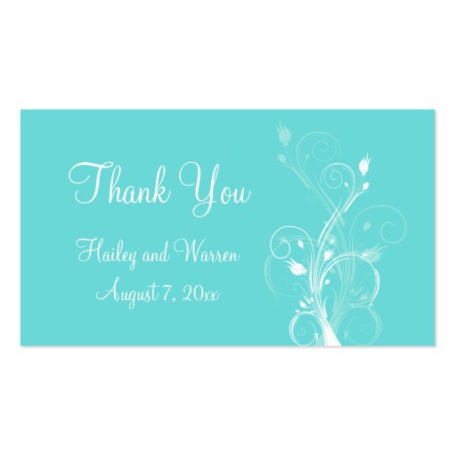 Aqua Blue and White Floral Wedding Favor Tag Business Card Template (front side)