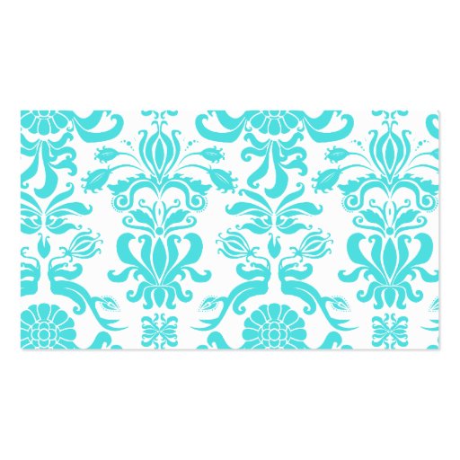 aqua blue and white intricate damask pattern business cards (back side)