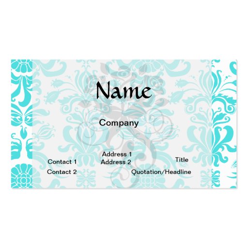 aqua blue and white intricate damask pattern business cards (front side)