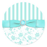 Aqua Blue and White Striped Floral Envelope Seal Round Sticker