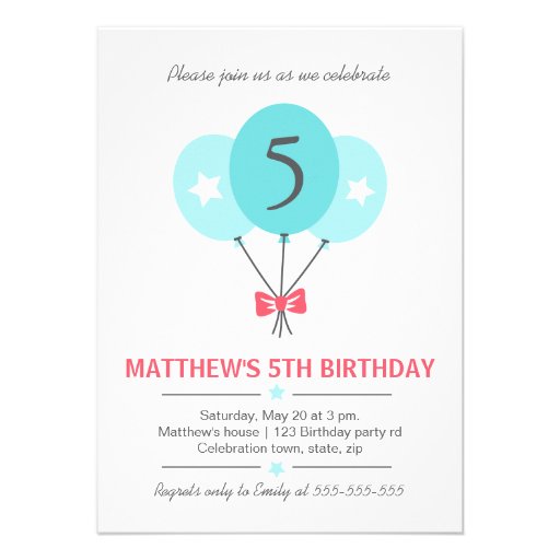 Aqua blue balloons and bow birthday party personalized invitations (front side)