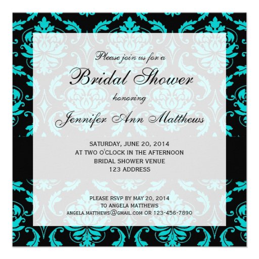 Aqua Blue Black Damask Bridal Shower Invitation