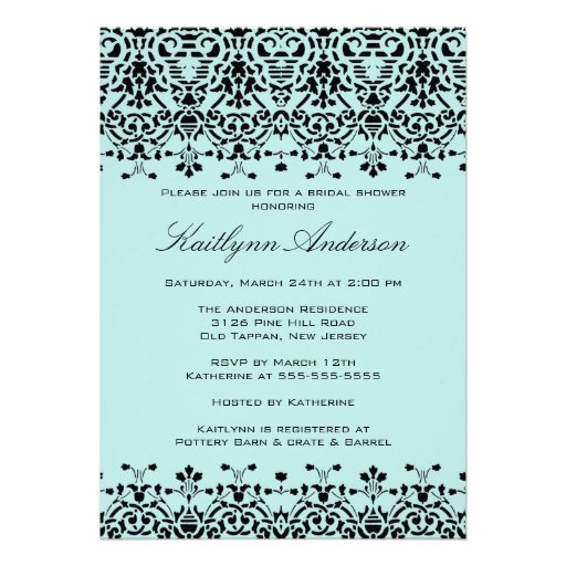 Aqua Blue & Black Damask Bridal Shower Invitation