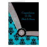 Aqua Blue & Black Damask Gem Sparkle Card