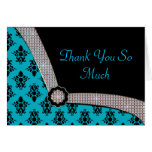 Aqua Blue & Black Damask Gem Sparkle Cards